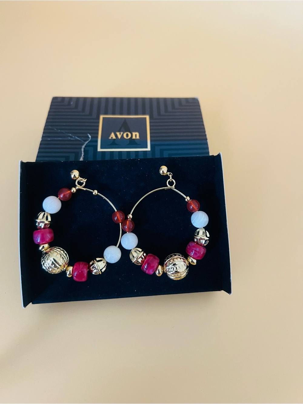 Avon Gold Hoop Earrings with Red and White Beads